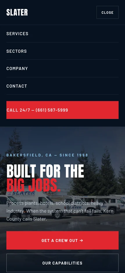 The mobile menu open: Services, Sectors, Company, and Contact, with a full-width red 24/7 call button