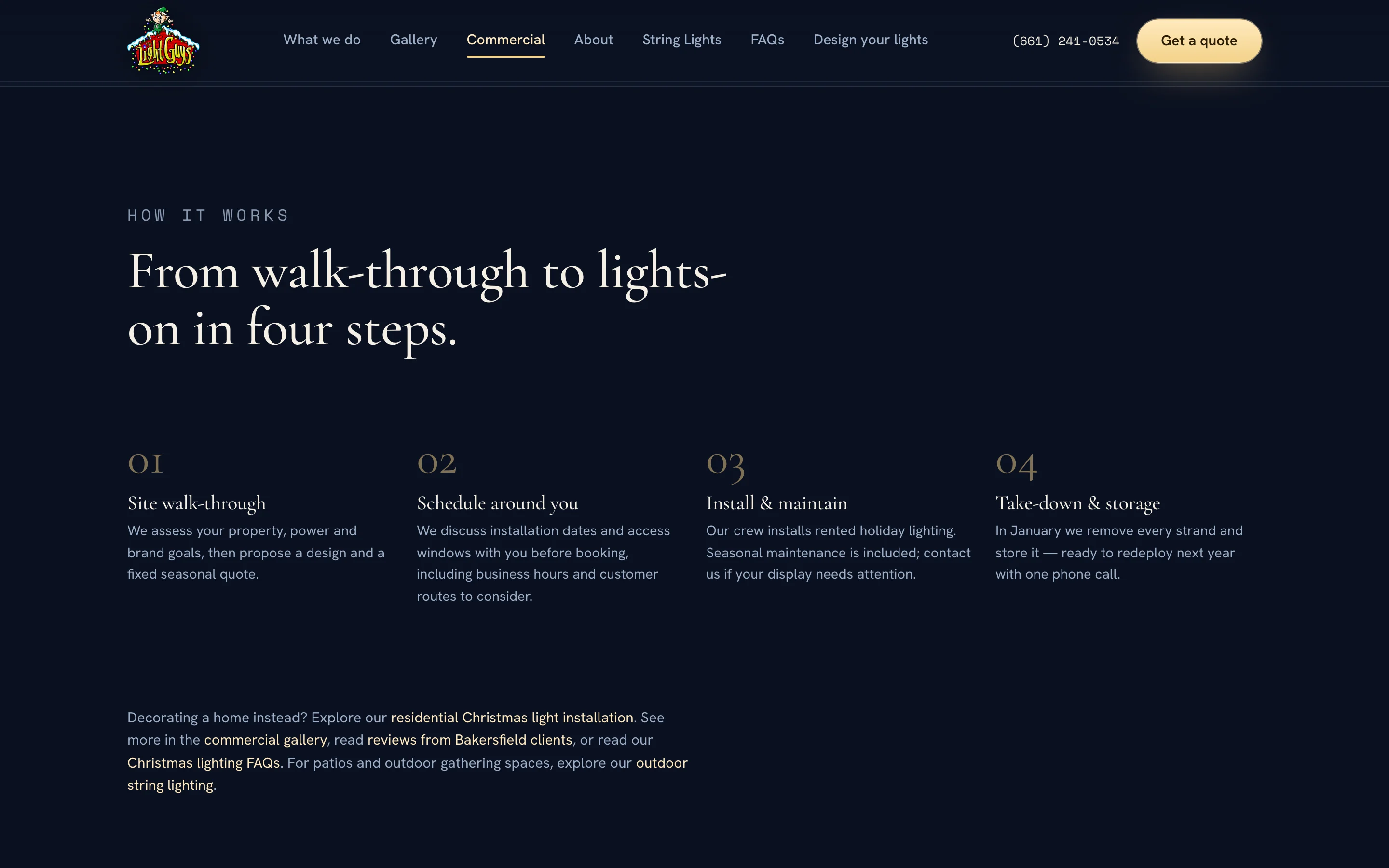 The commercial page's four steps: Site walk-through, Schedule around you, Install and maintain, and Take-down and storage