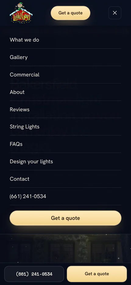 The full-screen mobile menu listing the site's pages, then the phone number and a large Get a quote button