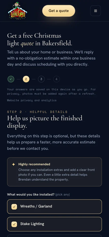 Step 2 of the quote request on a phone: the progress row shrunk to numbers, a Highly recommended note explaining the optional details, and Wreaths and Garland and Stake lighting ticked as full-width rows