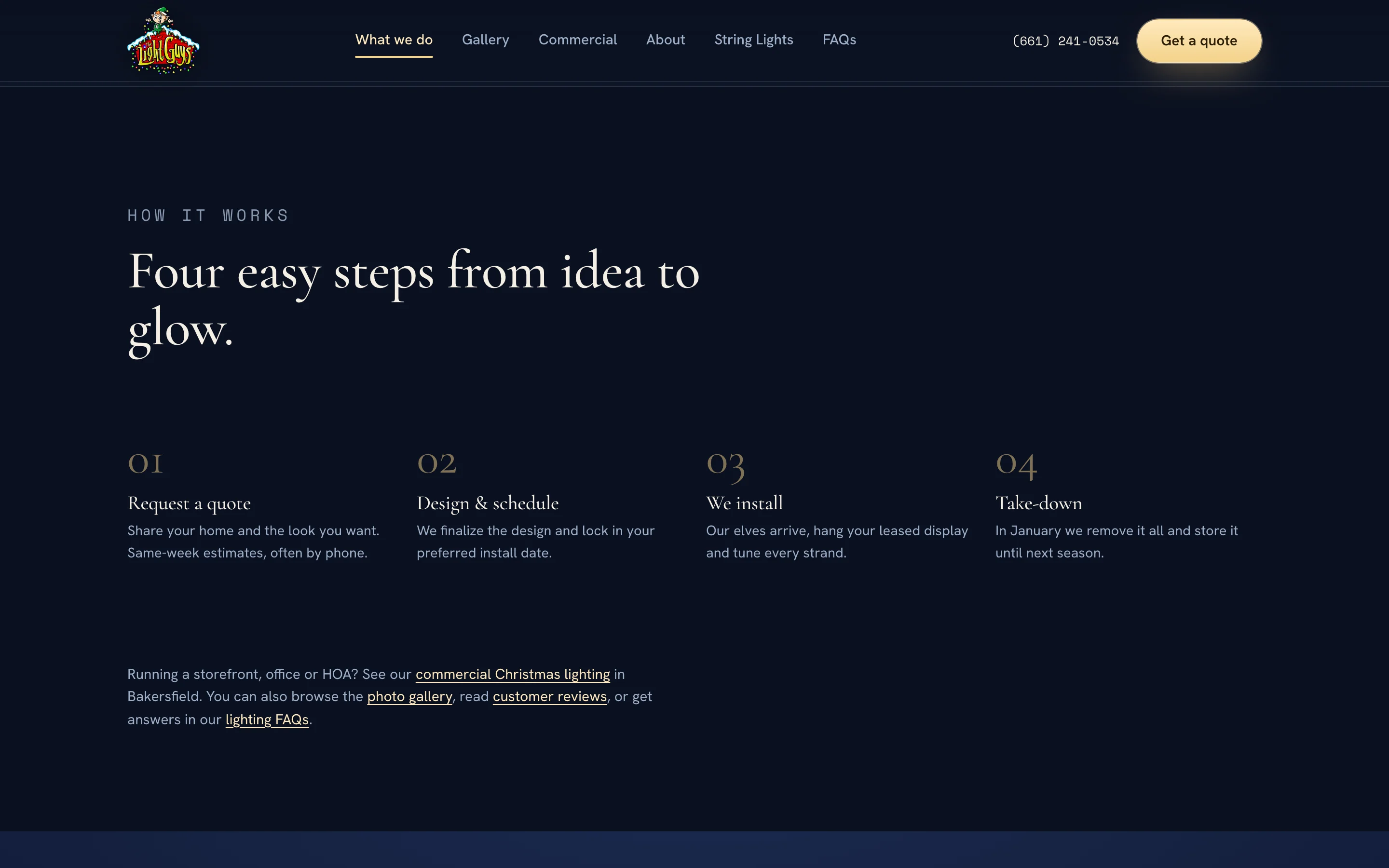 The How it works section of the residential services page: Request a quote, Design and schedule, We install, and Take-down, with links to the commercial page, gallery, reviews, and FAQs below
