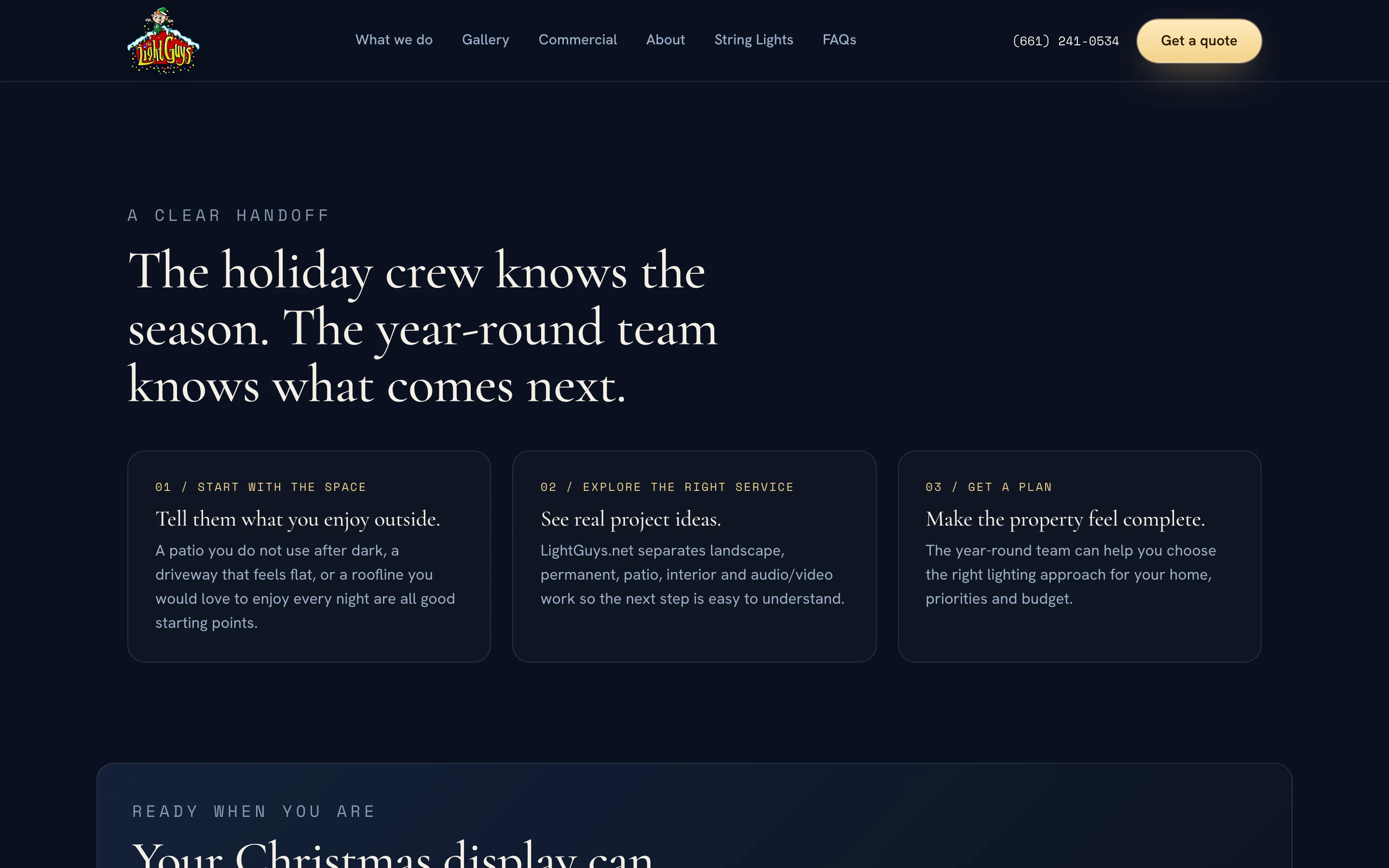The A clear handoff section of the year-round lighting page: three cards, Tell them what you enjoy outside, See real project ideas, and Make the property feel complete, above a Visit LightGuys.net panel