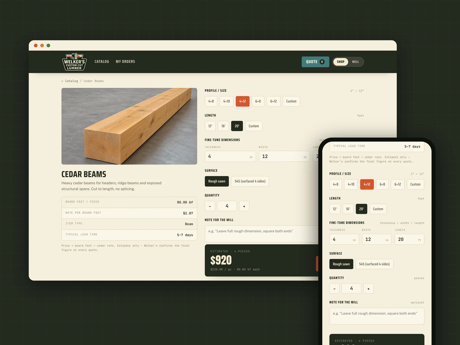 The Welker’s quote builder on desktop and phone, pricing four 4 by 12 inch cedar beams at $920