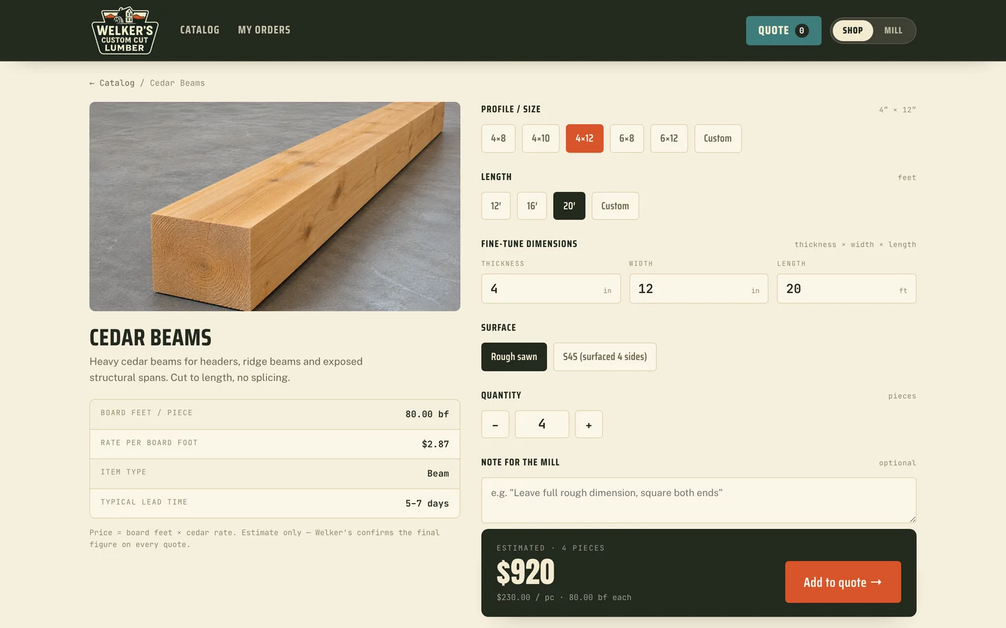 Welker's quote builder pricing a cedar beam order