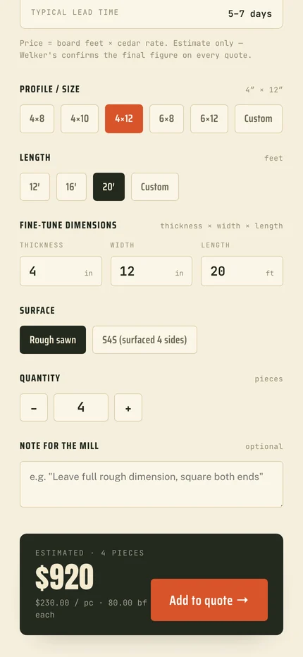 The mobile configurator controls for size, length, dimensions, surface, and quantity, with the $920 estimate pinned at the bottom