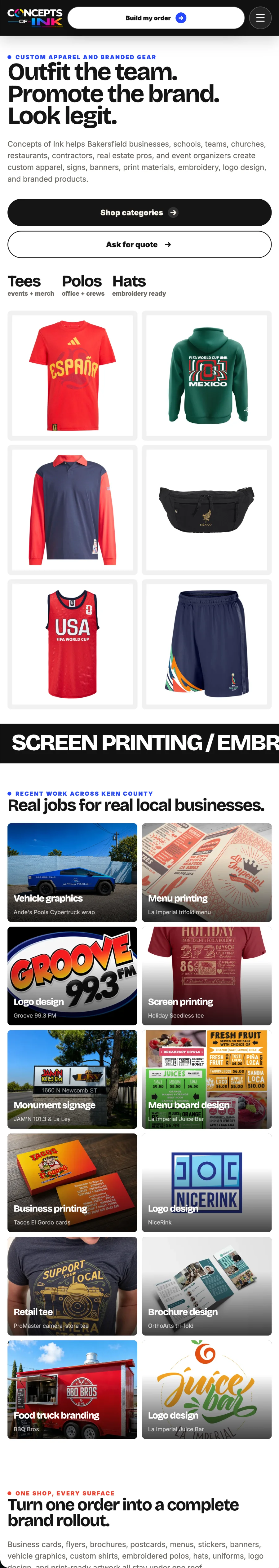 Concepts of Ink on mobile — hero, product wall, work gallery and services stacked for small screens
