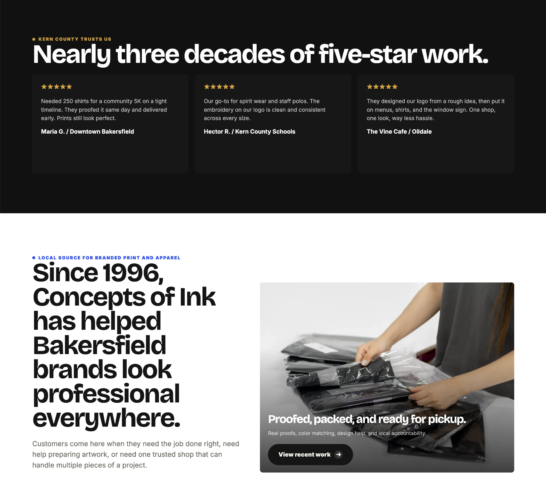 Homepage sections — 'Nearly three decades of five-star work' with local reviews