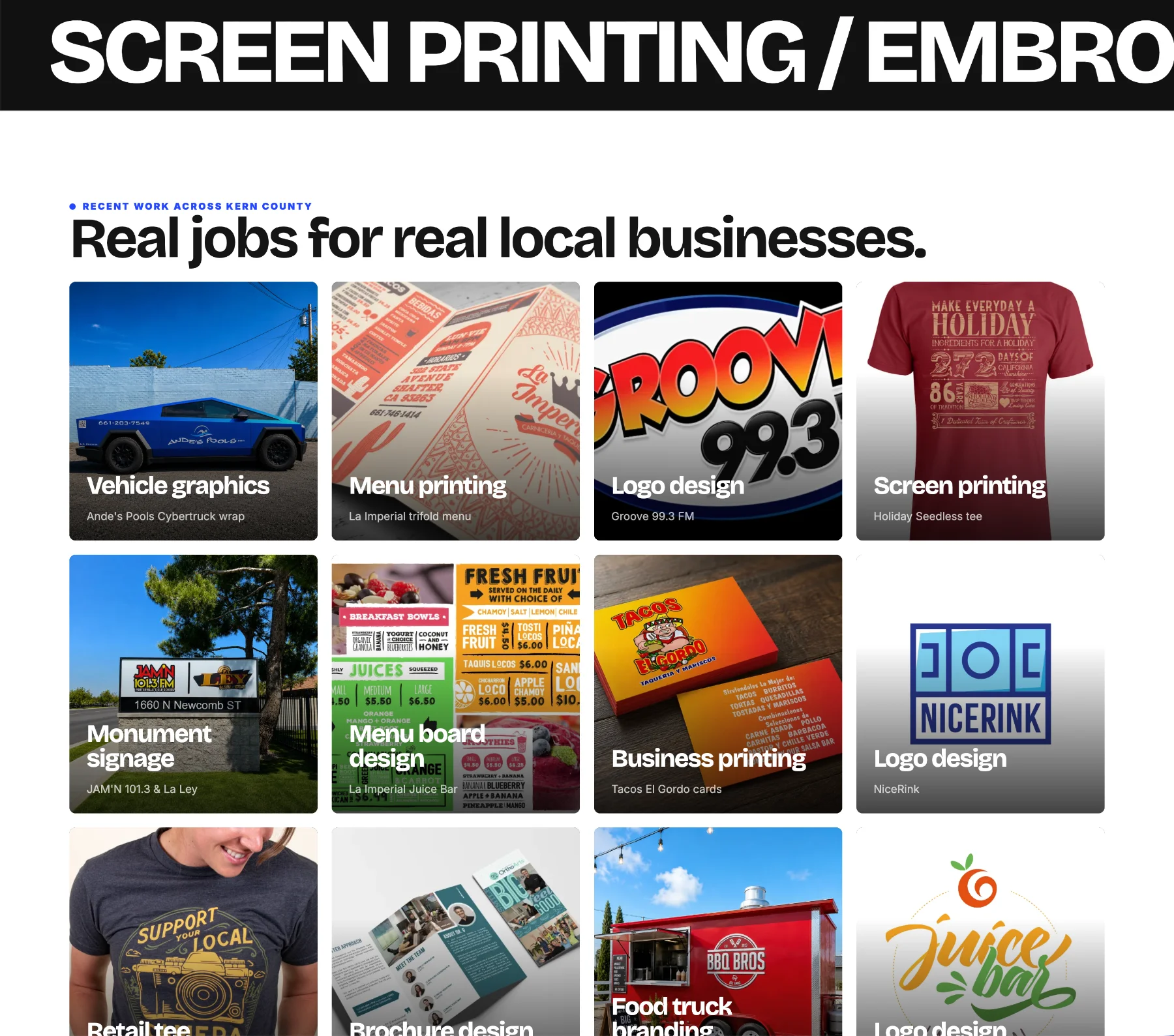 Recent work gallery — vehicle wraps, menus, logos, screen-printed tees, signage, and business cards