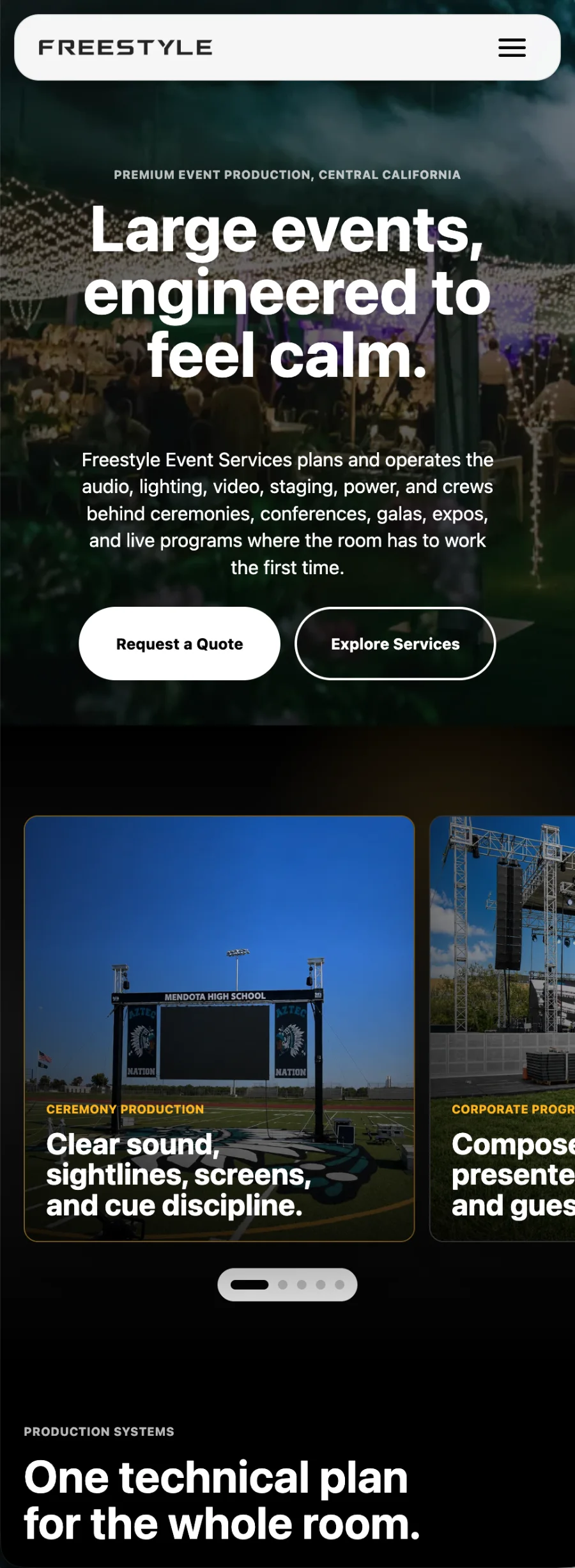 Freestyle Event Services on mobile — hero, portfolio carousel and production systems stacked for small screens