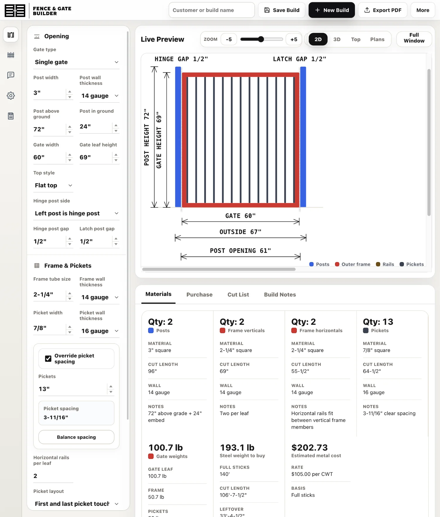 Fence & Gate Builder full workspace — spec panel, live single-gate preview, and materials takeoff
