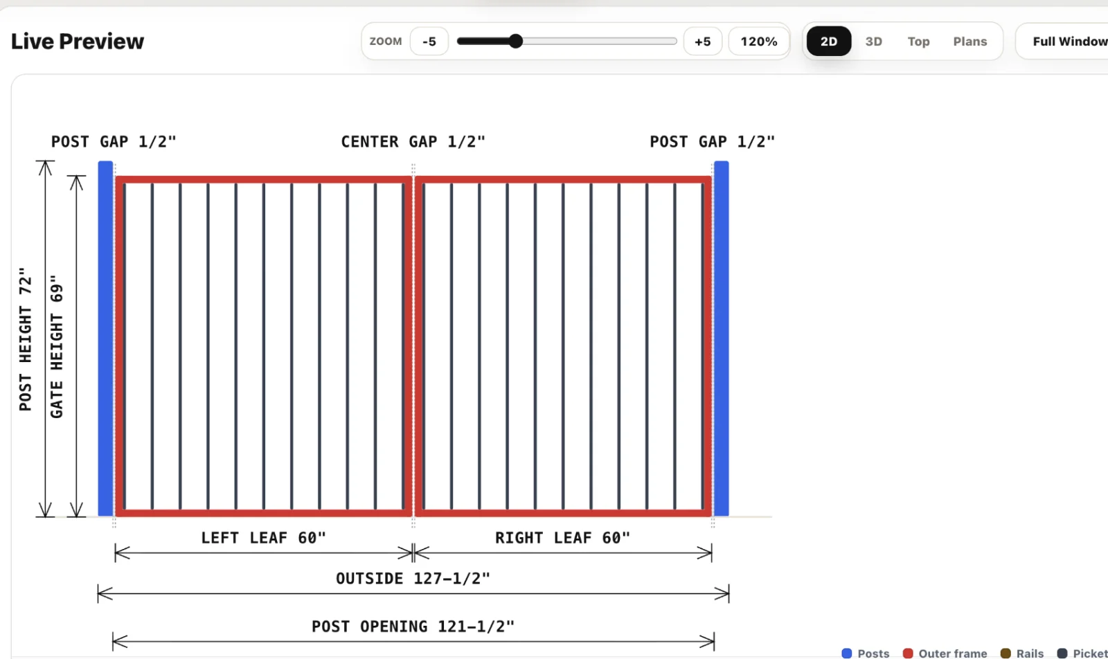 Live 2D preview of a double gate with full dimensioning