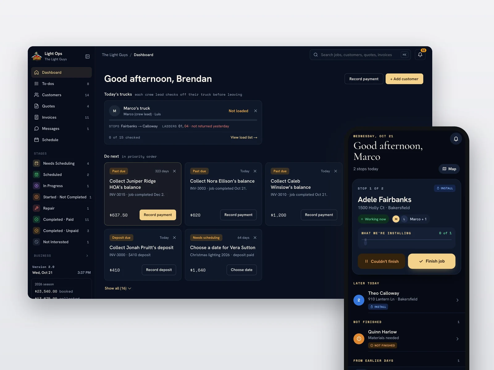 Light Ops 2.0 on desktop and phone: the office dashboard and the crew app