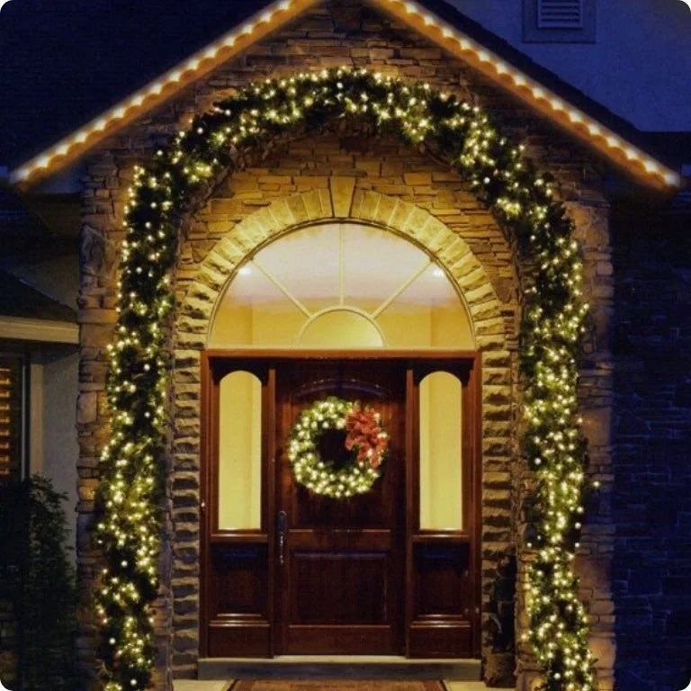 Lit holiday wreath detail