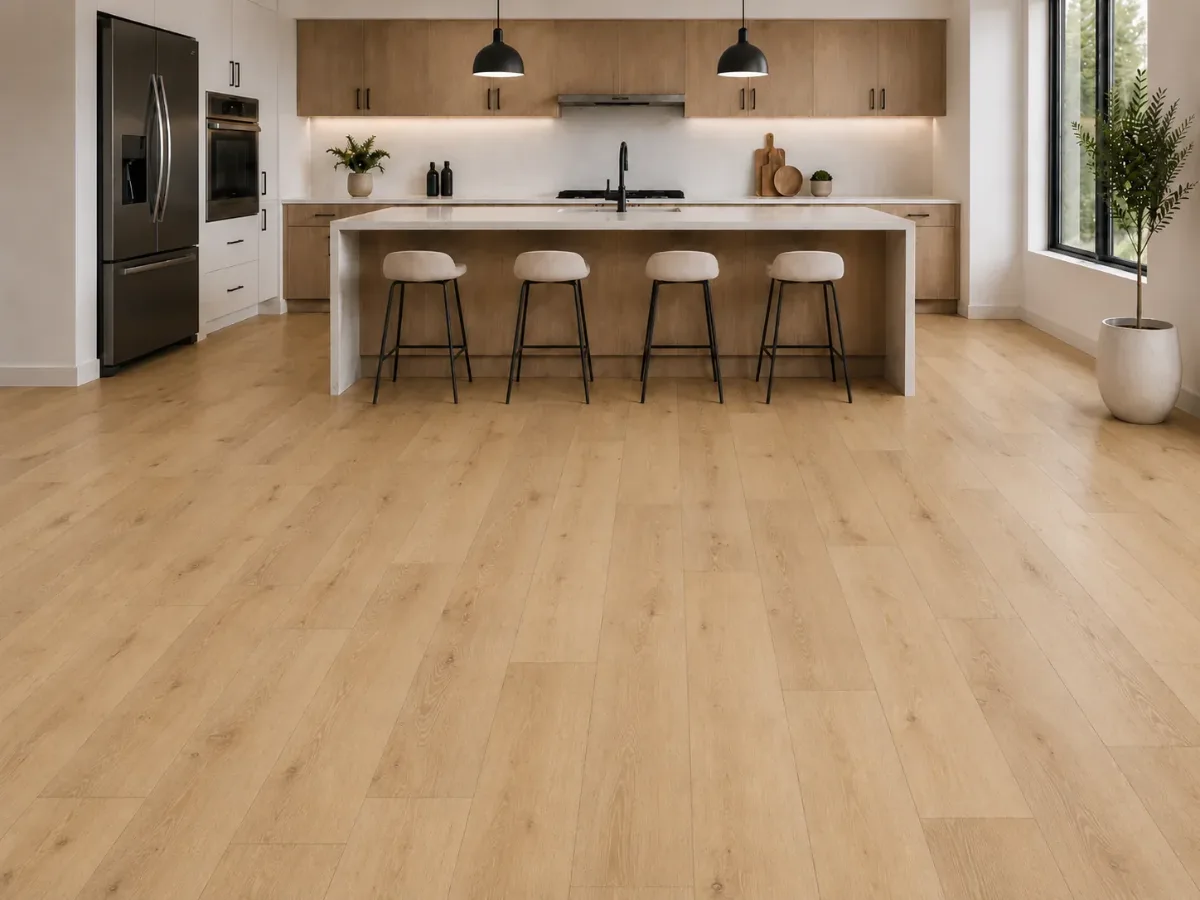 Kitchen island with light-oak vinyl plank flooring