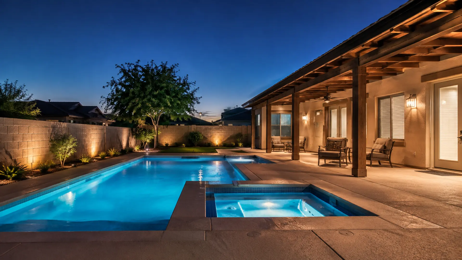 Bakersfield pool and covered patio in the evening