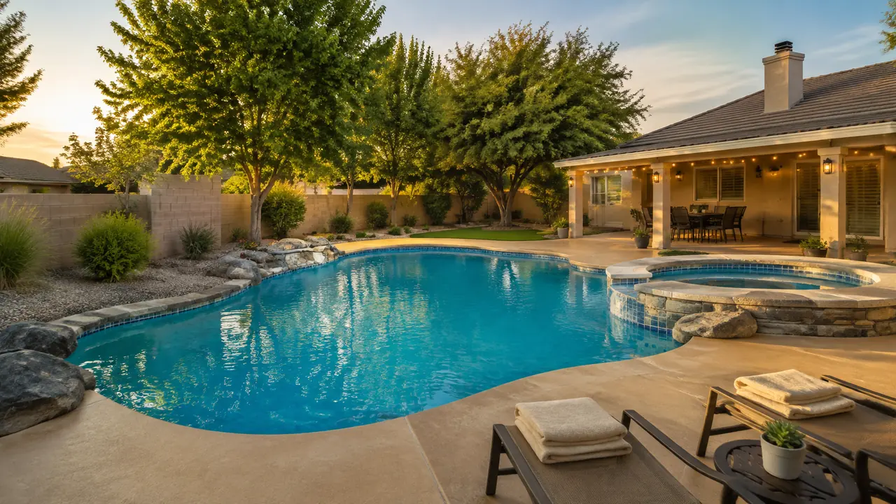 Family backyard pool in Bakersfield with a covered patio