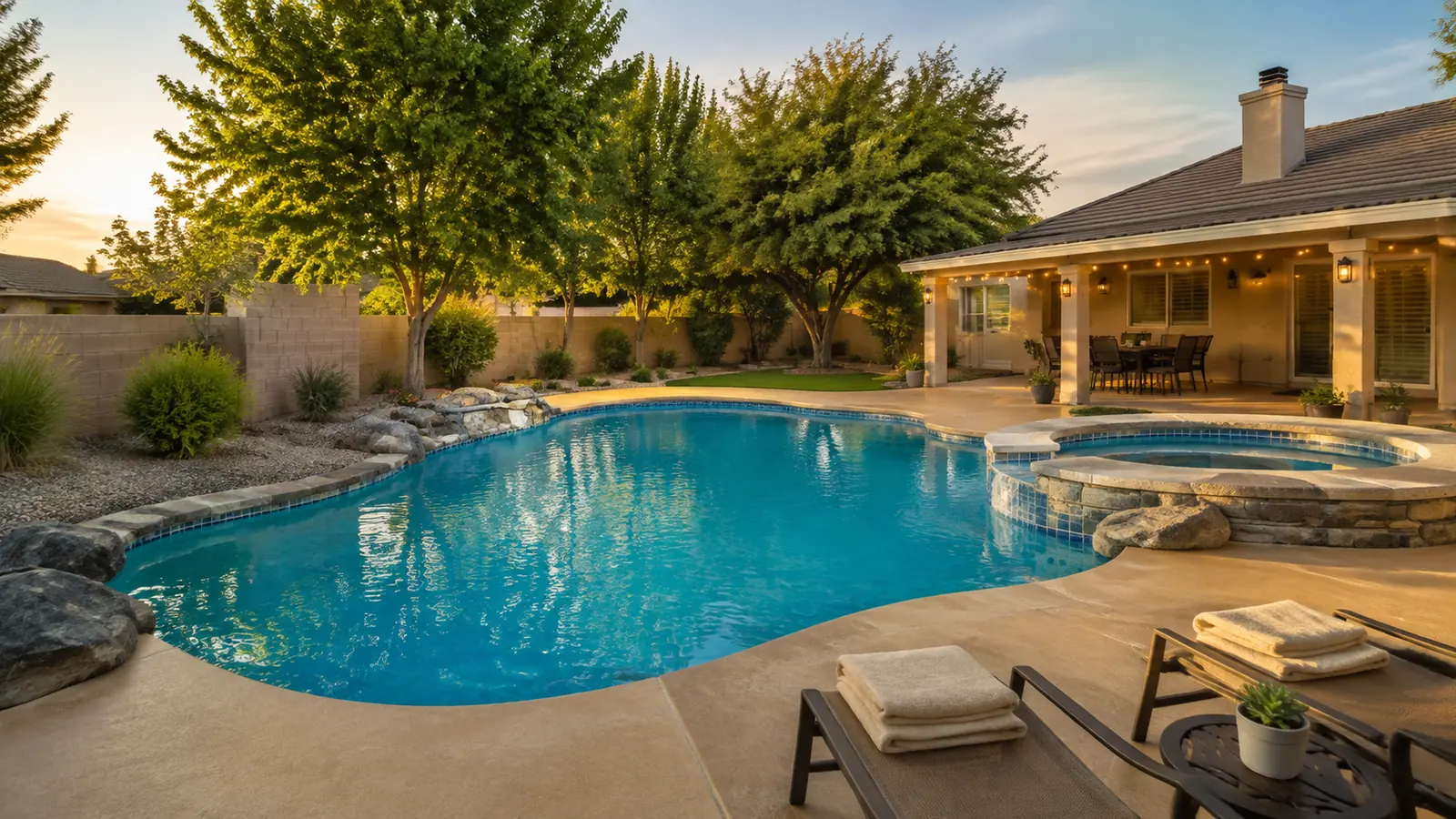 Residential swimming pool and covered patio in Bakersfield