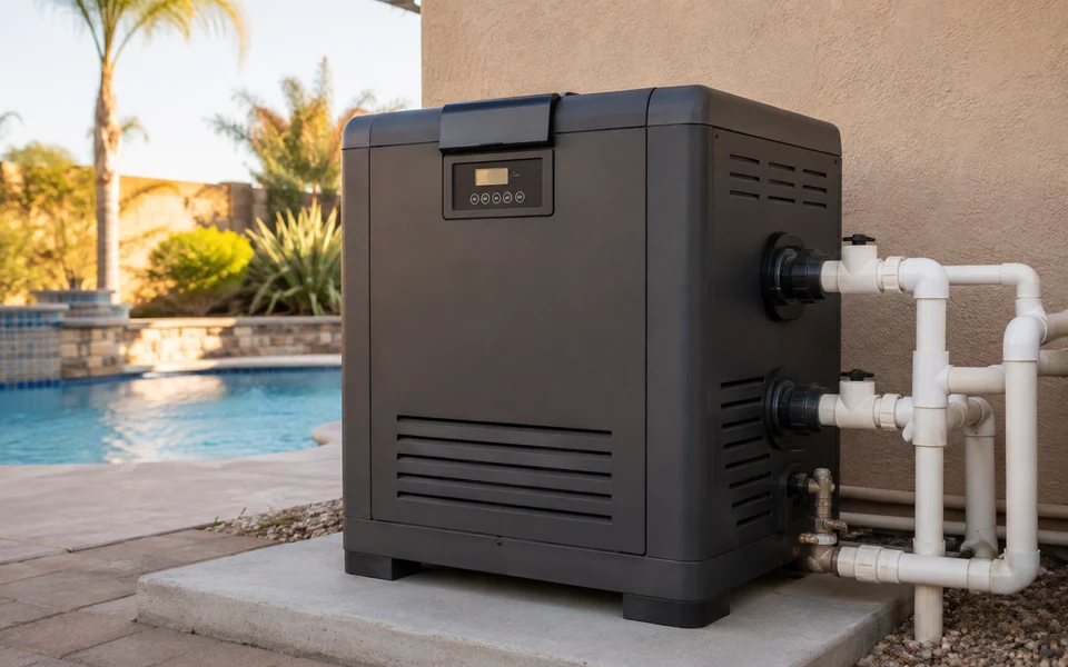 Outdoor pool heater and plumbing beside a backyard pool