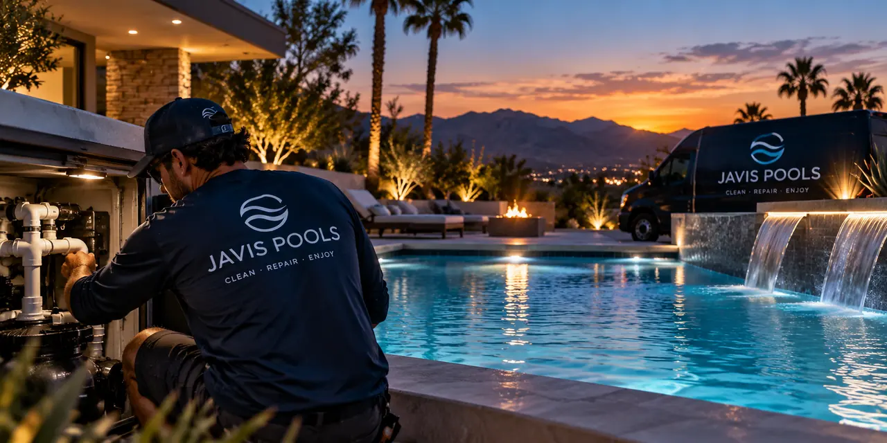 A technician working on pool equipment and plumbing