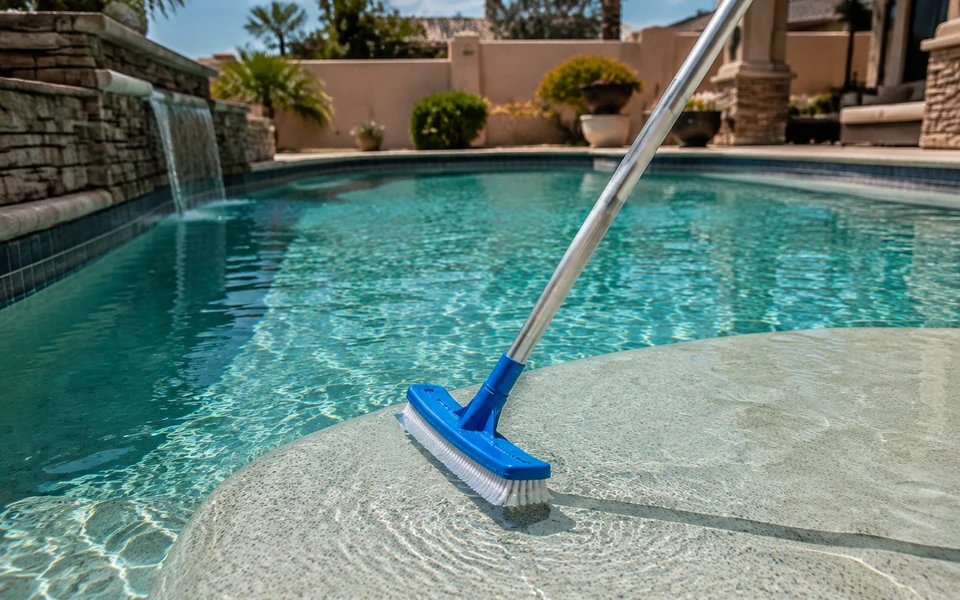 Pool brush cleaning shallow plaster steps