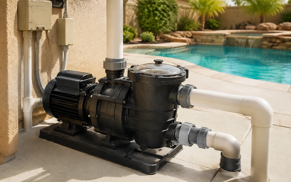 Pool circulation pump and motor on an equipment pad