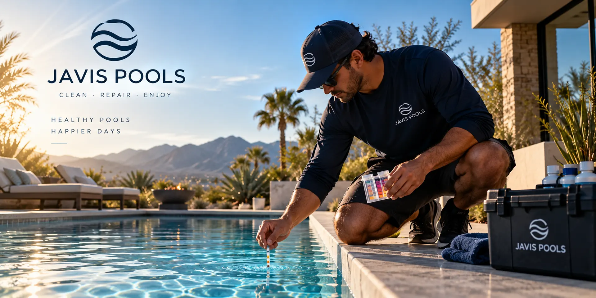 Technician testing pool water with a test kit