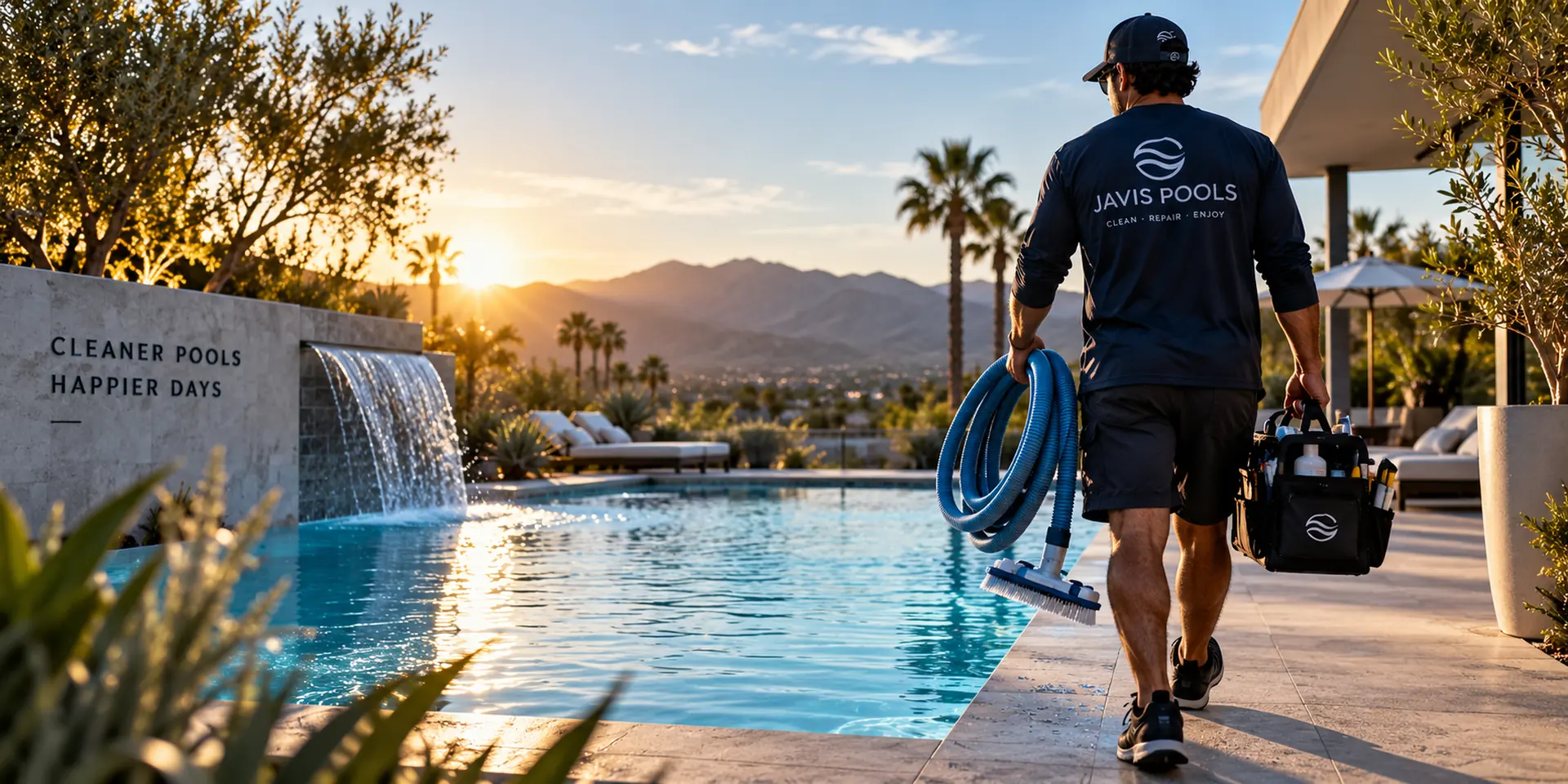 Javi's Pools technician walking poolside carrying a hose and tool bag at sunset