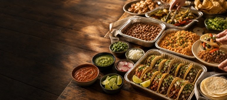 Mexican catering spread with tacos, rice, beans, salsa, and tortillas