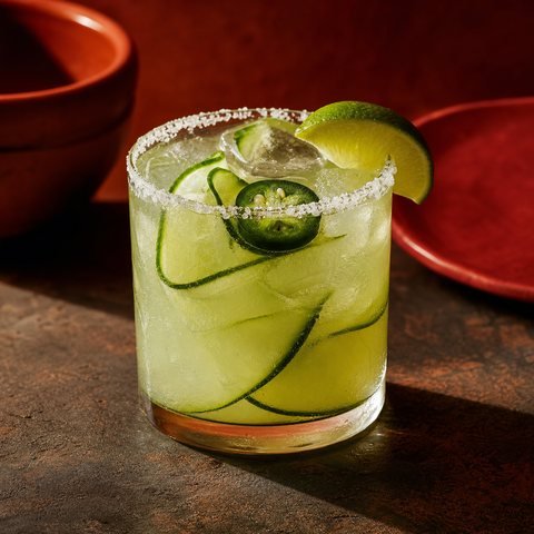 Cucumber jalapeño margarita with fresh lime and a salted rim