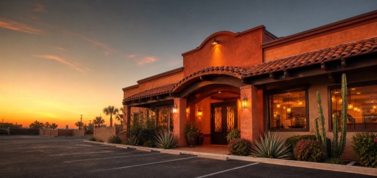 Warmly lit Mexican restaurant exterior with parking at sunset