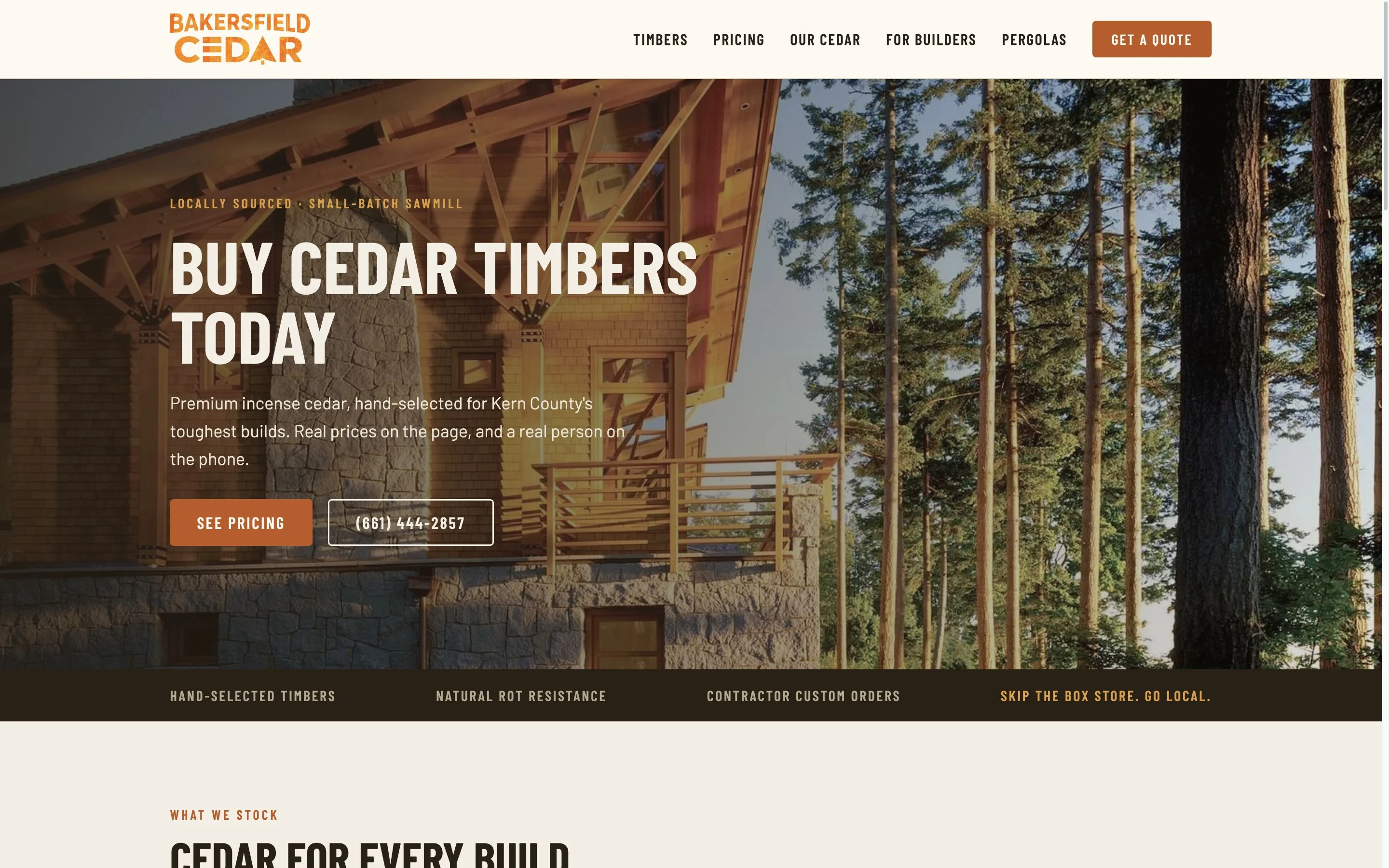 Bakersfield Cedar website homepage with product navigation, cedar timber hero, pricing call to action, and local contact number