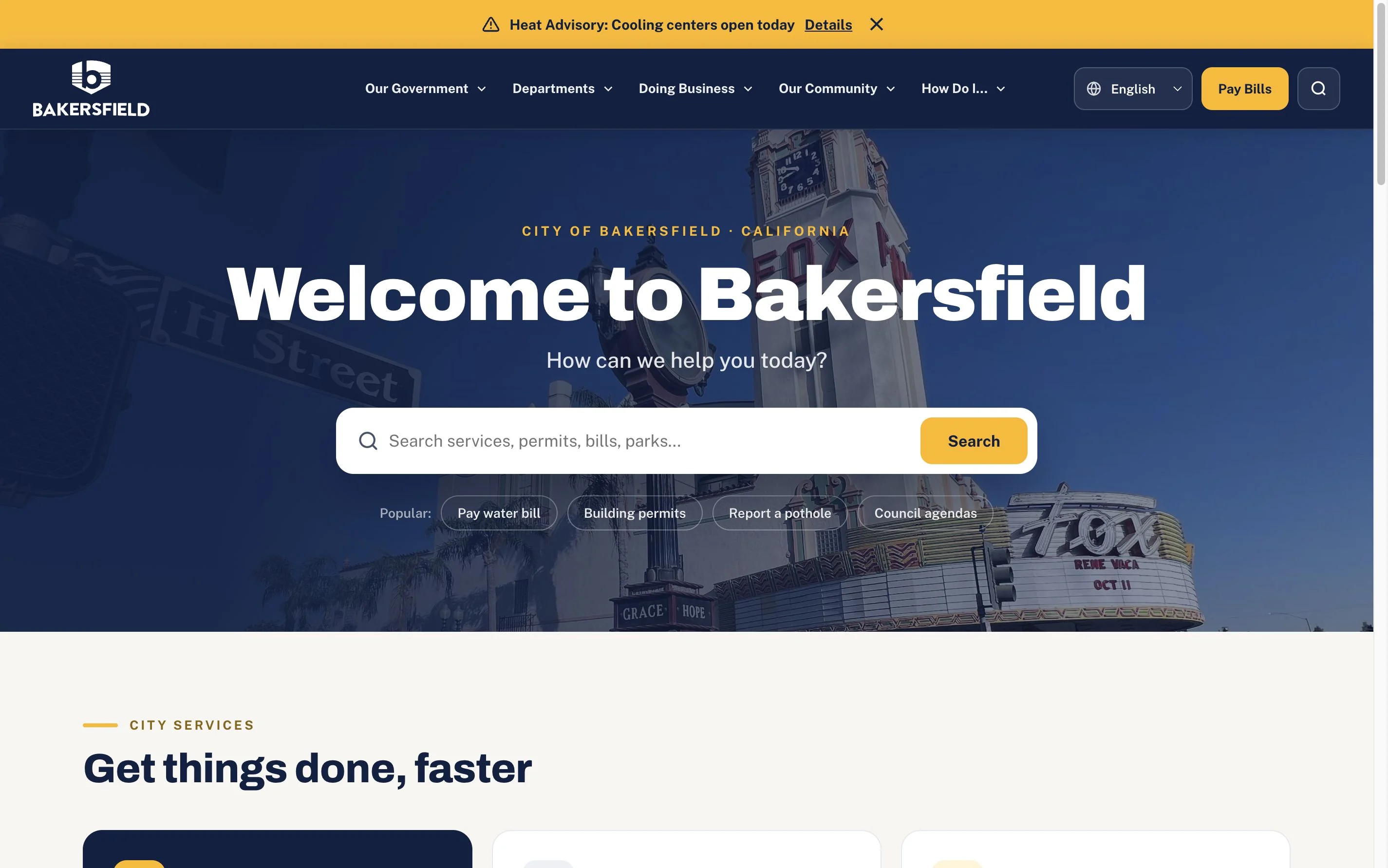 Bakersfield City working website prototype — Welcome to Bakersfield search-focused homepage