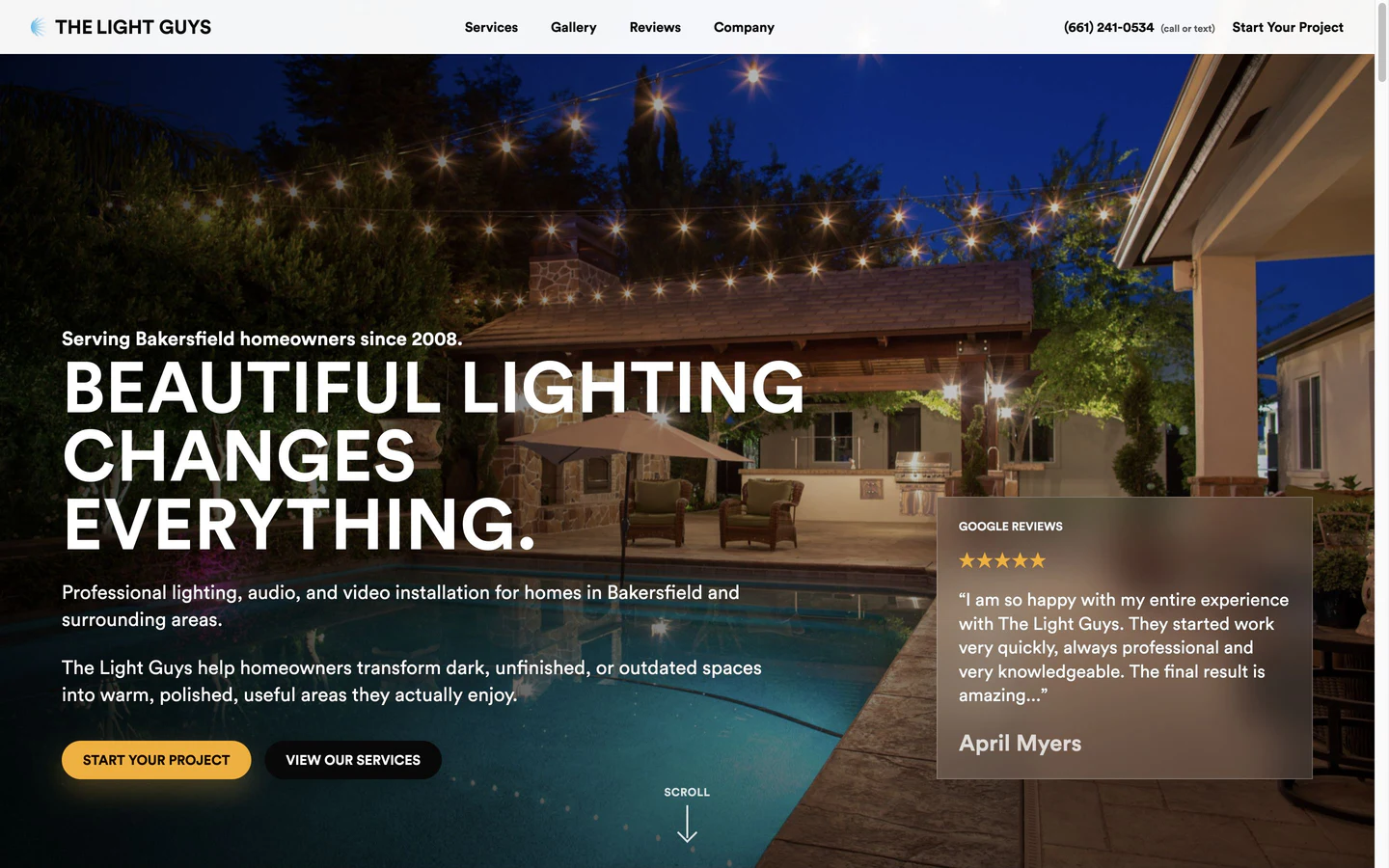 The Light Guys homepage with a Bakersfield backyard, service message, project actions, and customer review