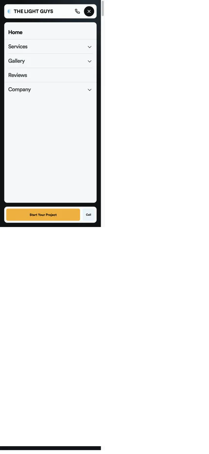The Light Guys full-height mobile navigation with expandable Services, Gallery, and Company sections