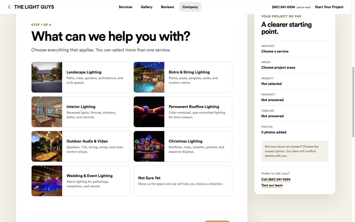 The Light Guys Start Your Project form showing service choices and a live project summary
