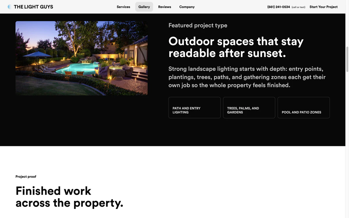 The Light Guys project gallery explaining outdoor lighting zones beside a finished pool and landscape project