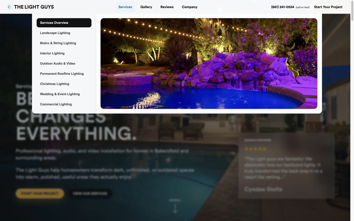 The Light Guys desktop services mega menu with eight service categories and a large project image