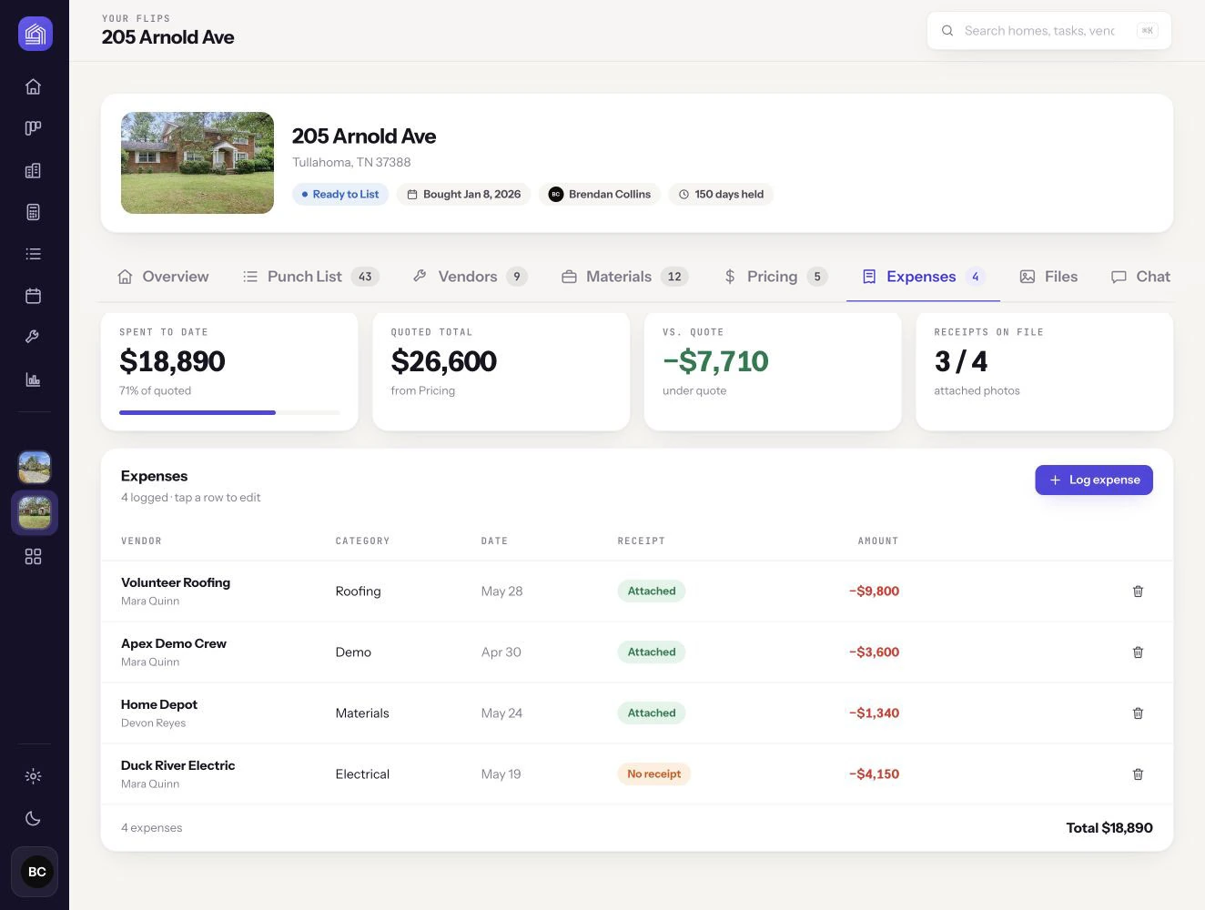 Flip OS property expenses screen for 205 Arnold Avenue