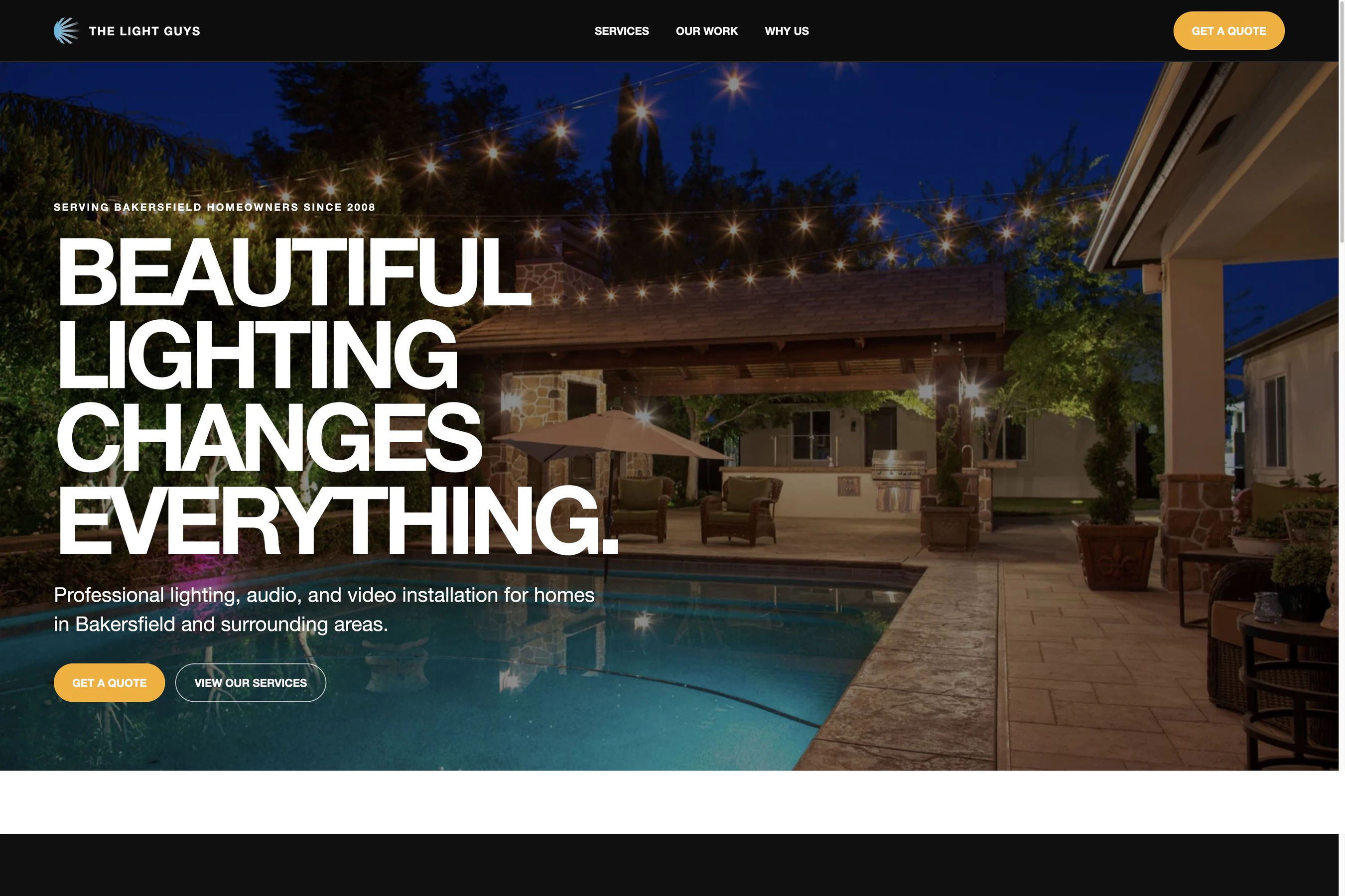 The Light Guys year-round website hero showing a professionally lit backyard and pool