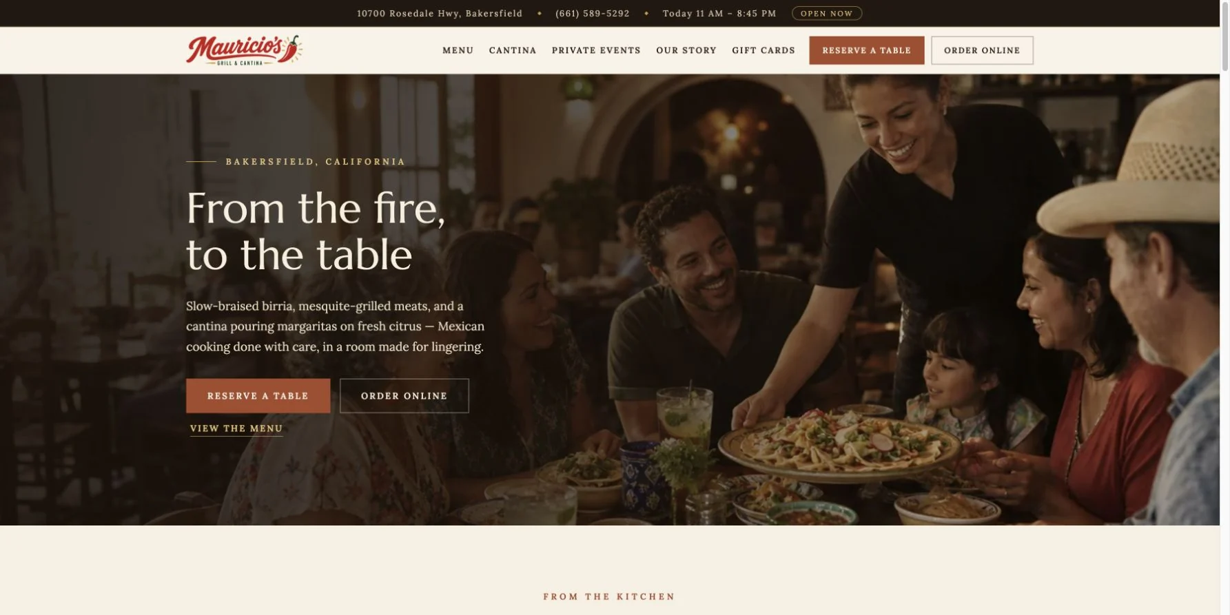 Mauricio's Grill and Cantina working website prototype featuring the restaurant's dining room