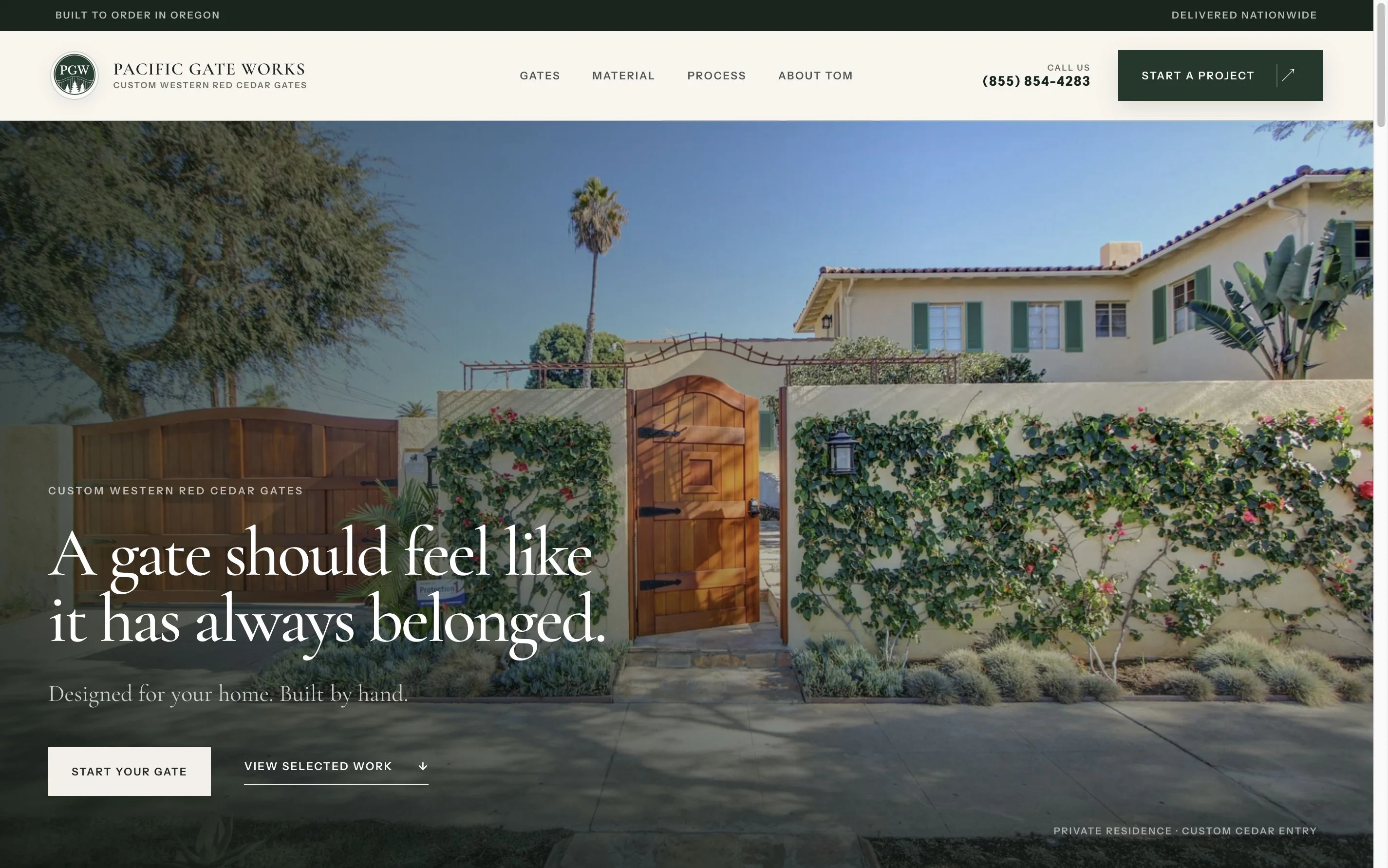 Pacific Gate Works website — a custom cedar gate designed for a private residence