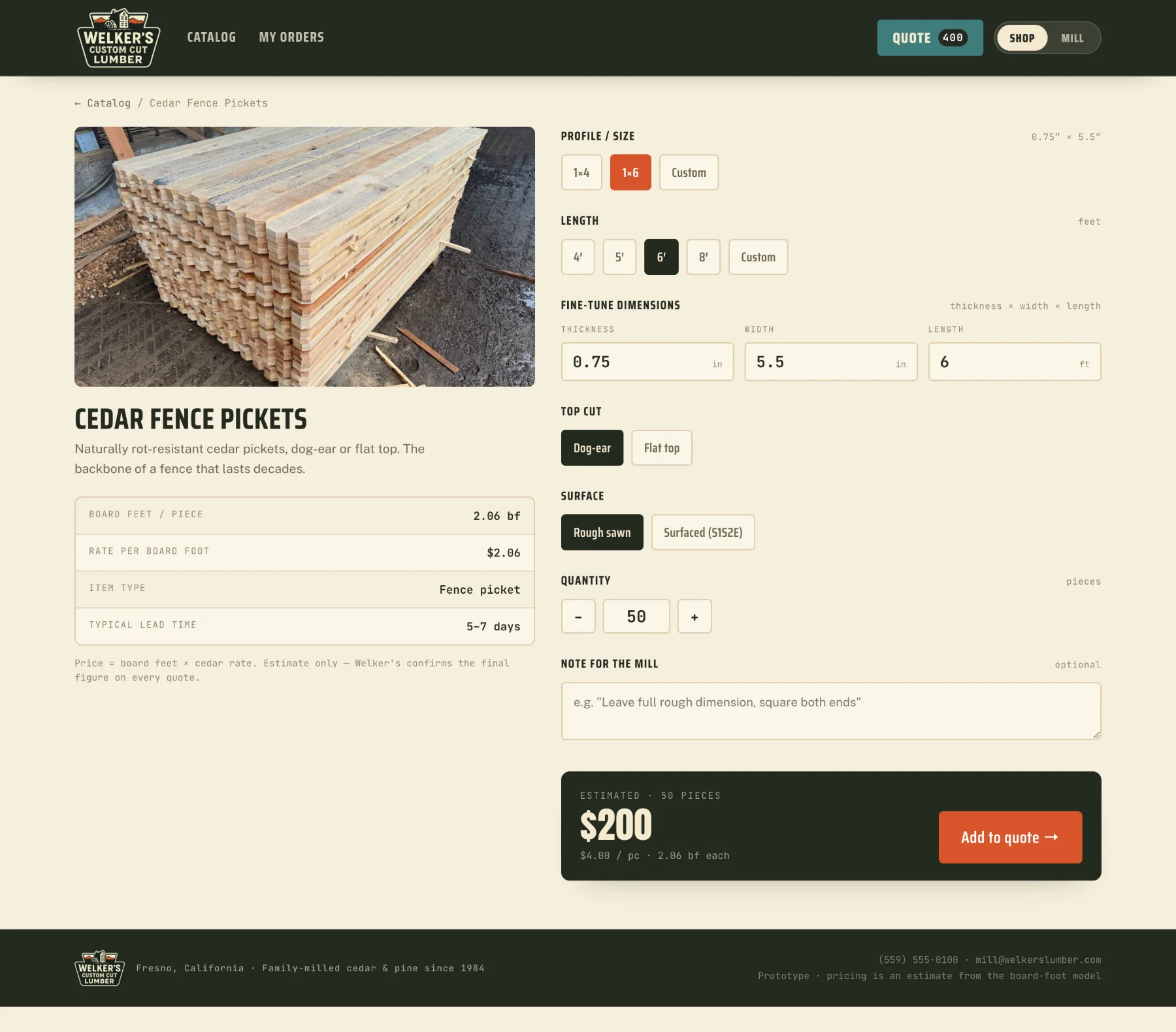 Welker's live board-foot quoting configurator