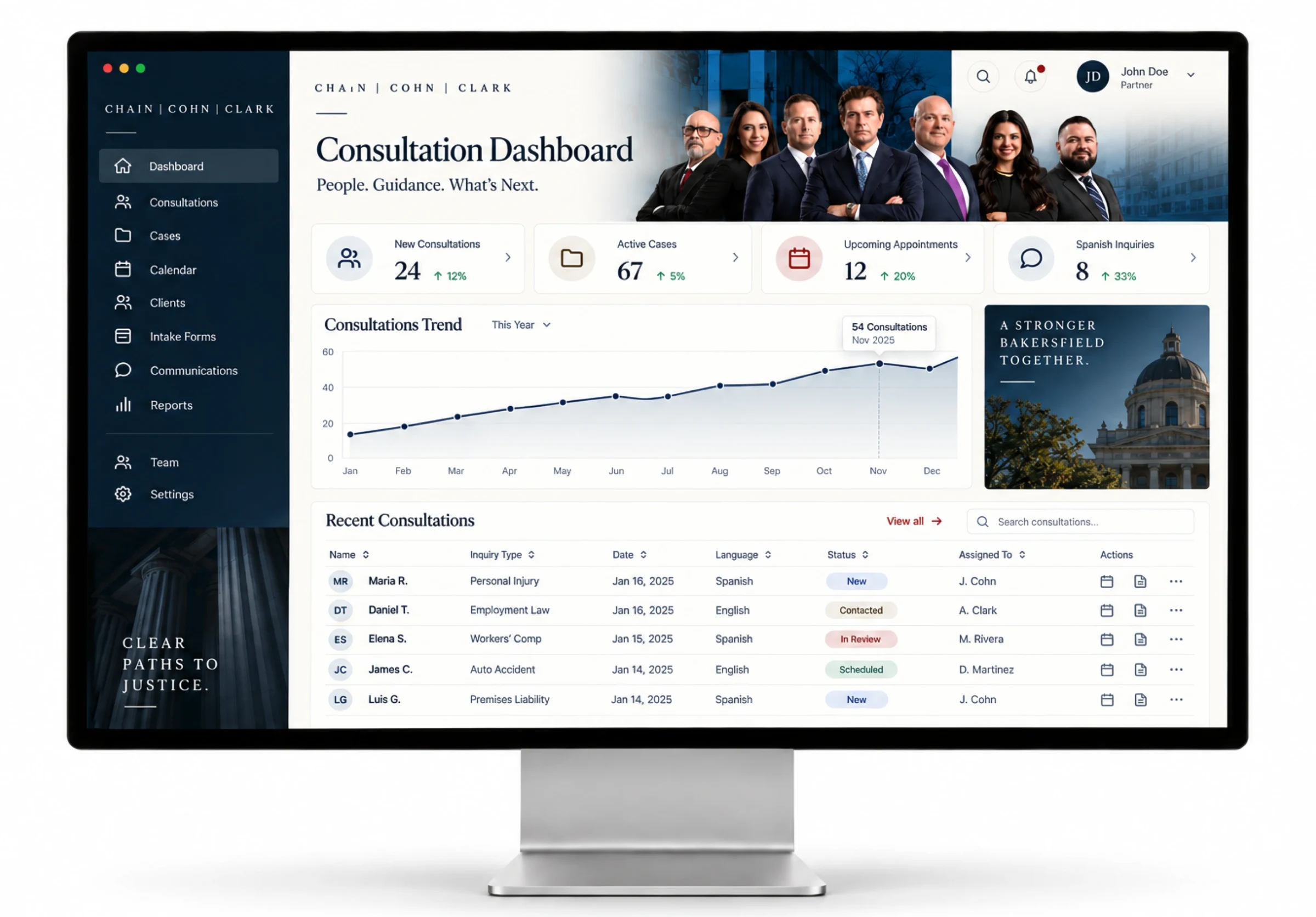 The firm’s consultation dashboard concept on a desktop display: new consultations, active cases, upcoming appointments, Spanish inquiries, a consultations trend chart, and recent consultations with inquiry type, language, status, and assignment