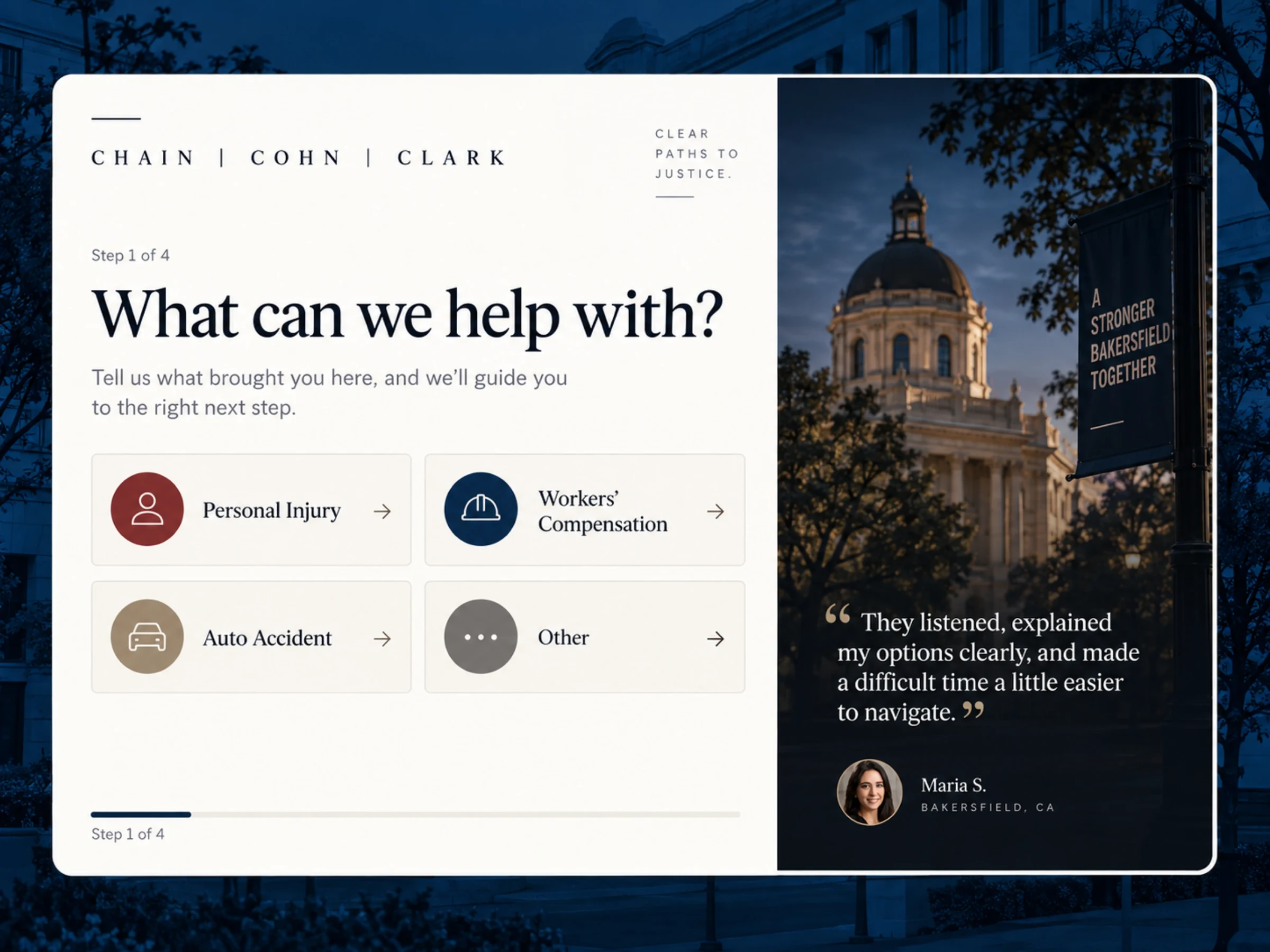The guided consultation, step 1 of 4: What can we help with, with Personal Injury, Workers’ Compensation, Auto Accident, and Other, beside the Kern County courthouse and a client quote