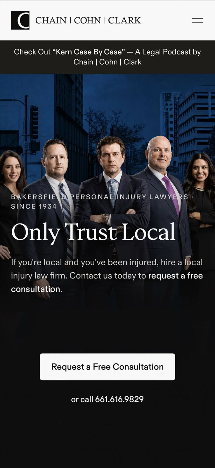 The Chain | Cohn | Clark mobile homepage with the Only Trust Local message and the free consultation action