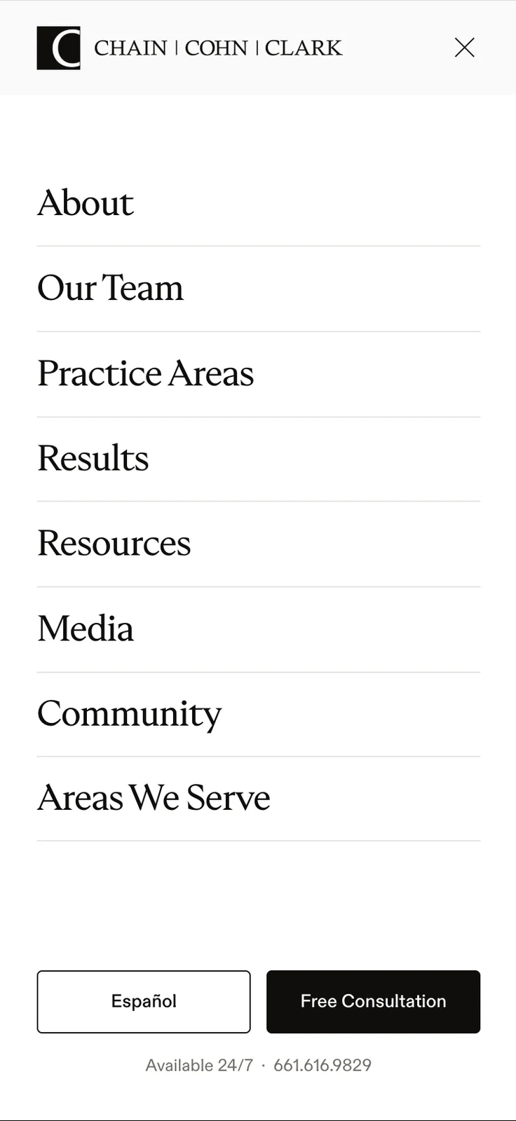 The full-screen mobile navigation we designed for Chain | Cohn | Clark, with firm sections and consultation actions
