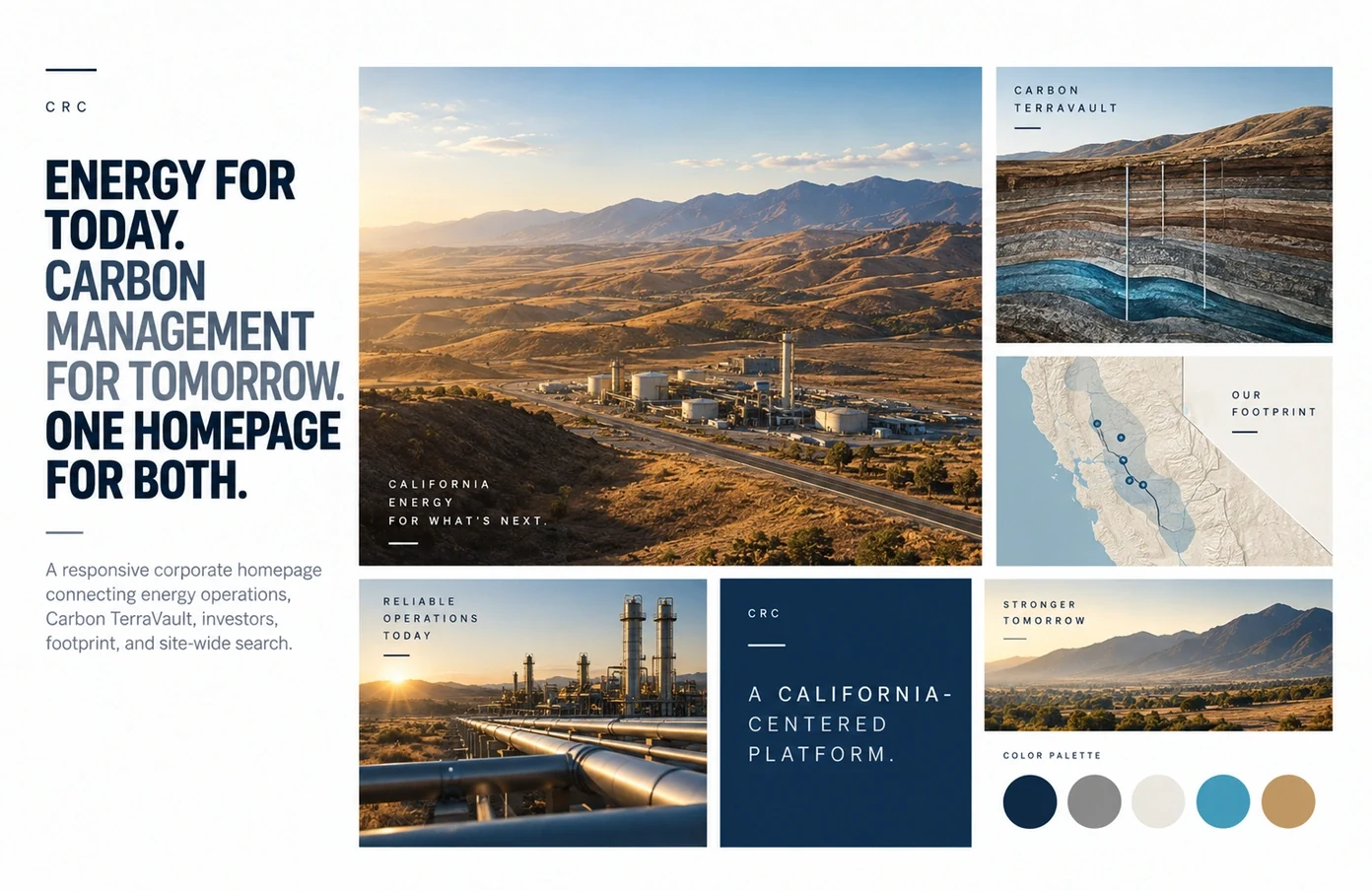 The CRC editorial board: the headline Energy for today, carbon management for tomorrow, one homepage for both; California energy for what is next; a Carbon TerraVault geology cross-section; the operating footprint map; and the navy, gray, off-white, blue, and gold palette