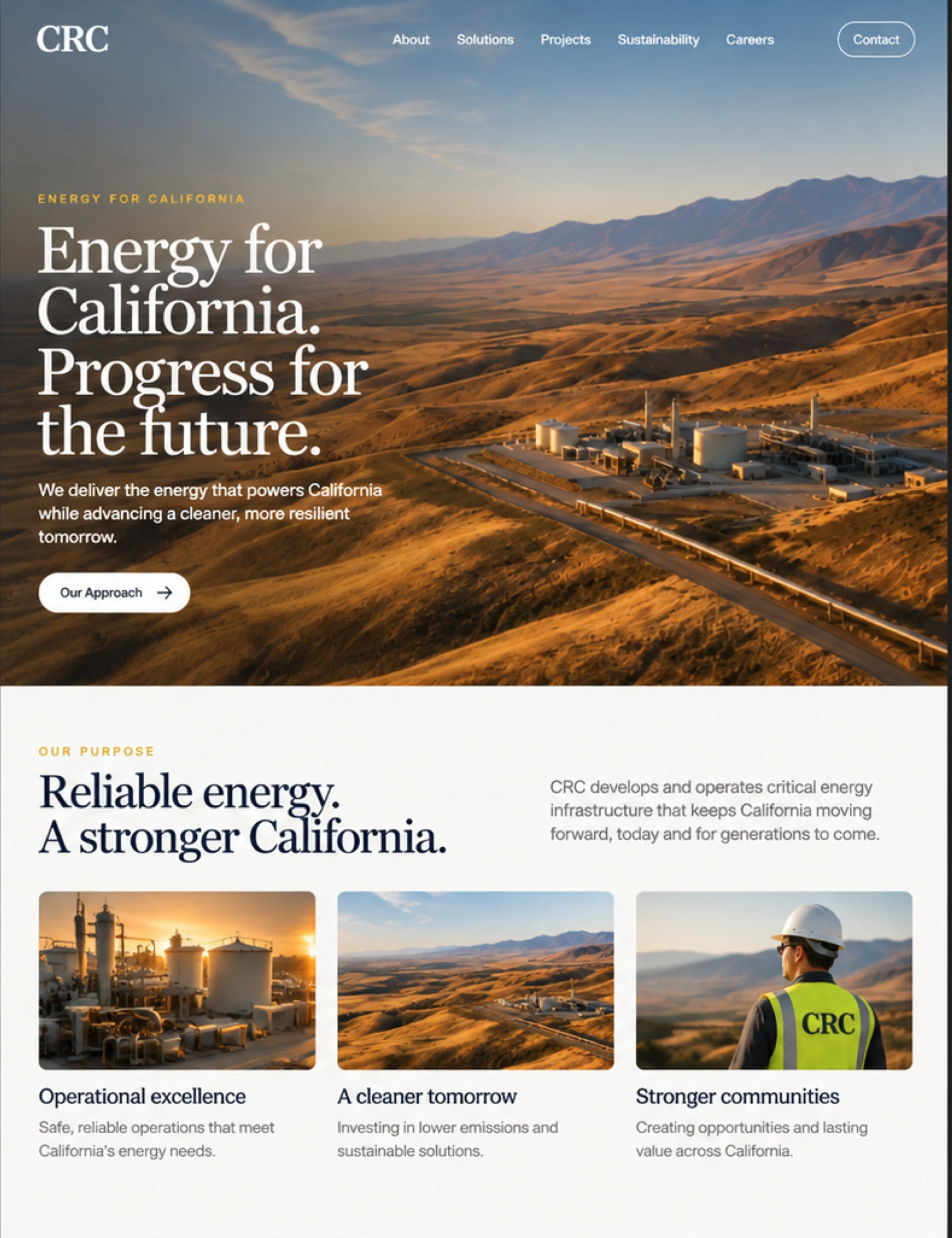 An early CRC homepage direction: Energy for California, Progress for the future, over the Elk Hills landscape, then Reliable energy, a stronger California with operational excellence, a cleaner tomorrow, and stronger communities