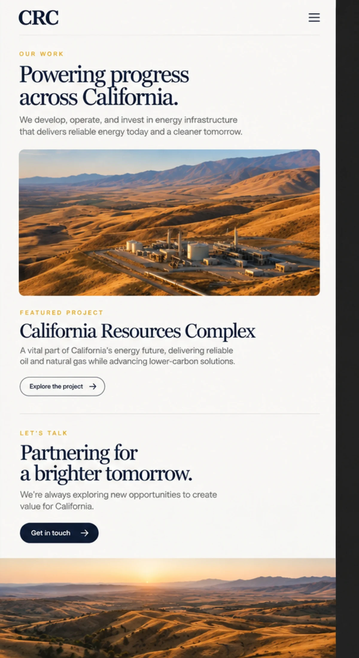The CRC mobile direction: Powering progress across California, the featured California Resources Complex project, and Partnering for a brighter tomorrow with Get in touch