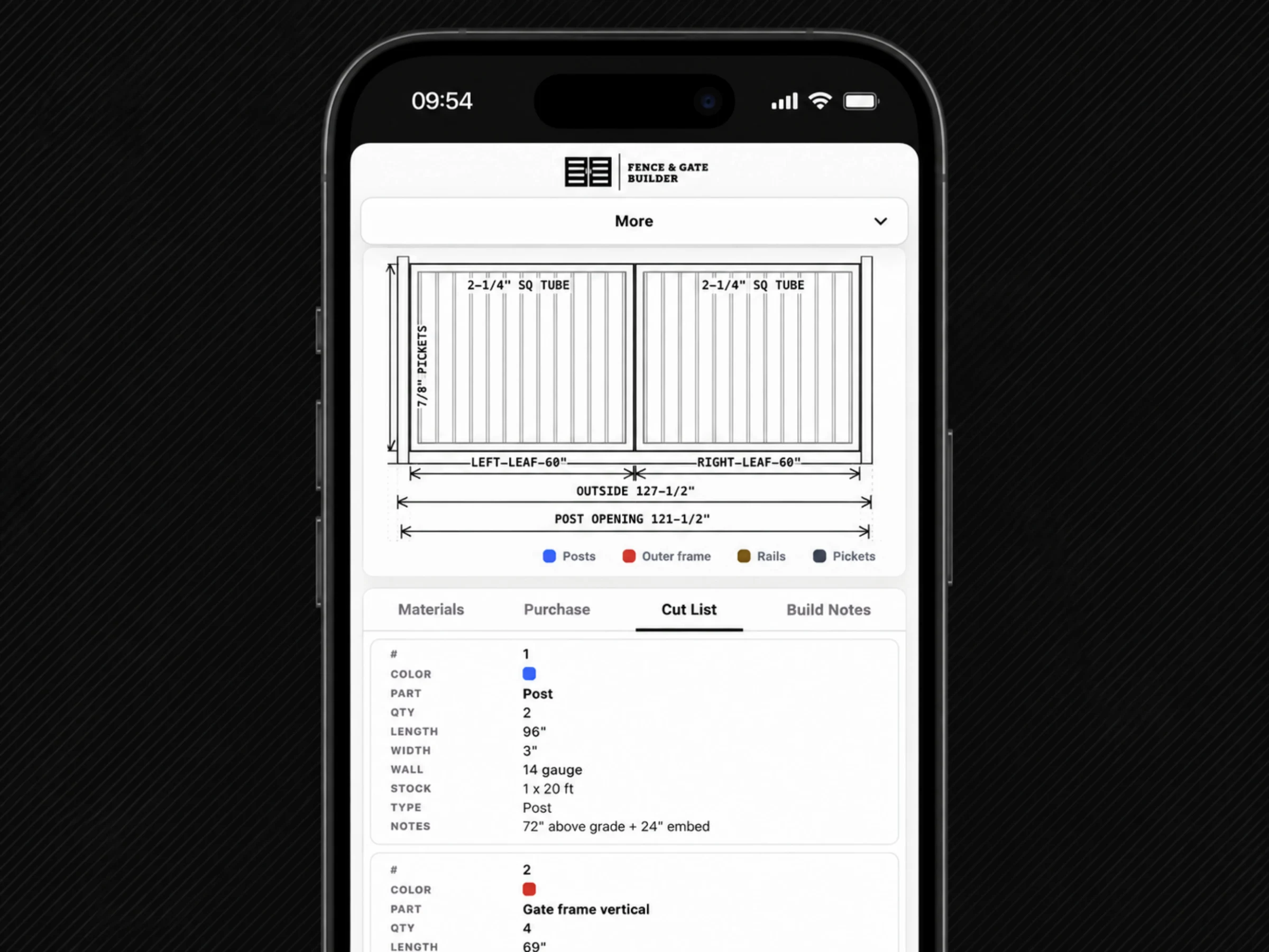 Fence & Gate Builder on a phone: the dimensioned gate drawing above the Materials, Purchase, Cut List, and Build Notes tabs